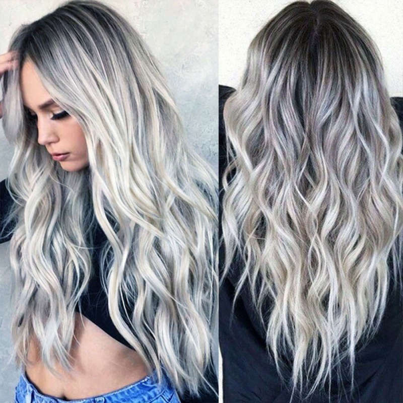 Fashion Women Synthetic Lace Front Wigs 70cm Silver Dark Gray Long